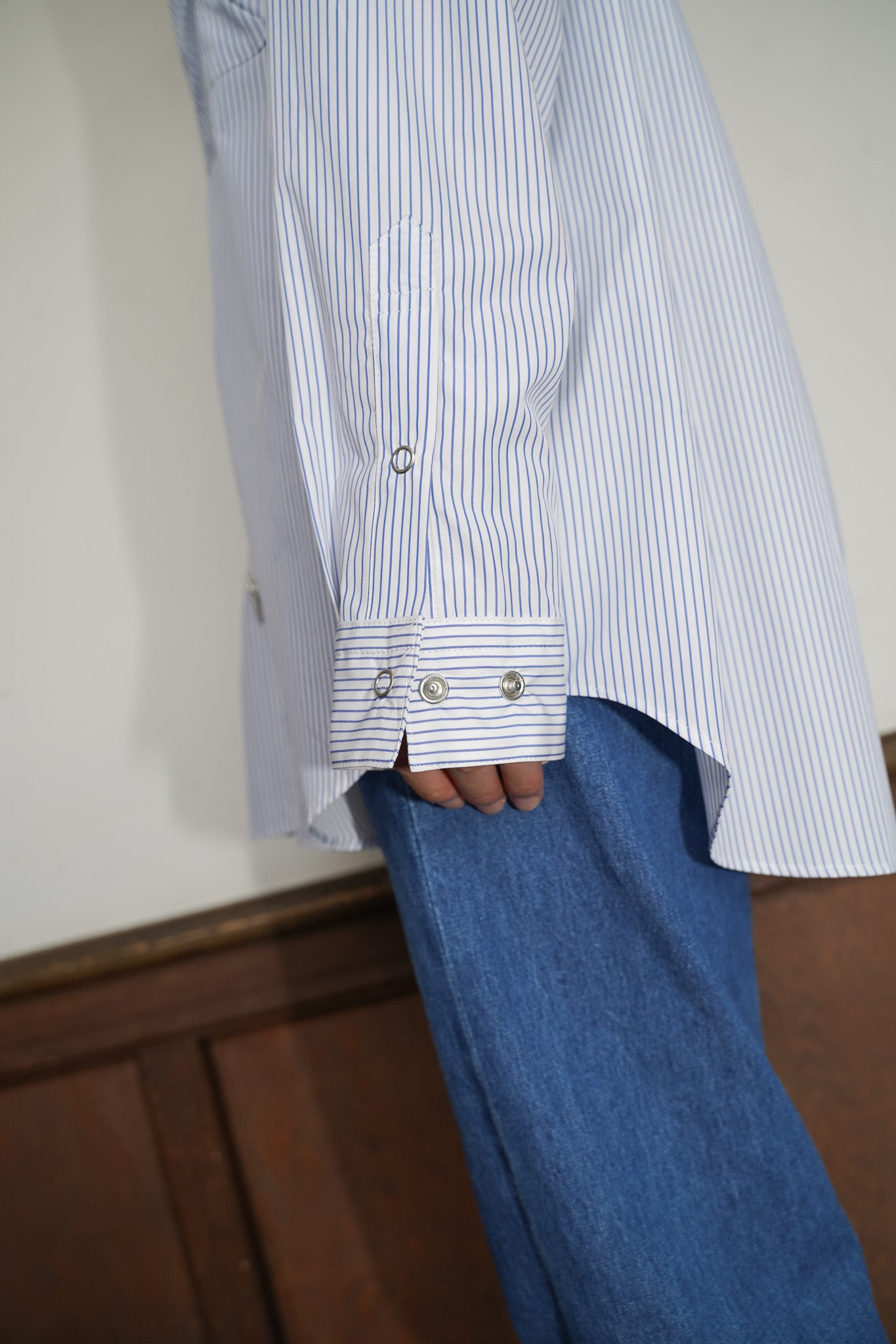 meagratia×THOMAS MASON Stripe zip-up 2way shirt
