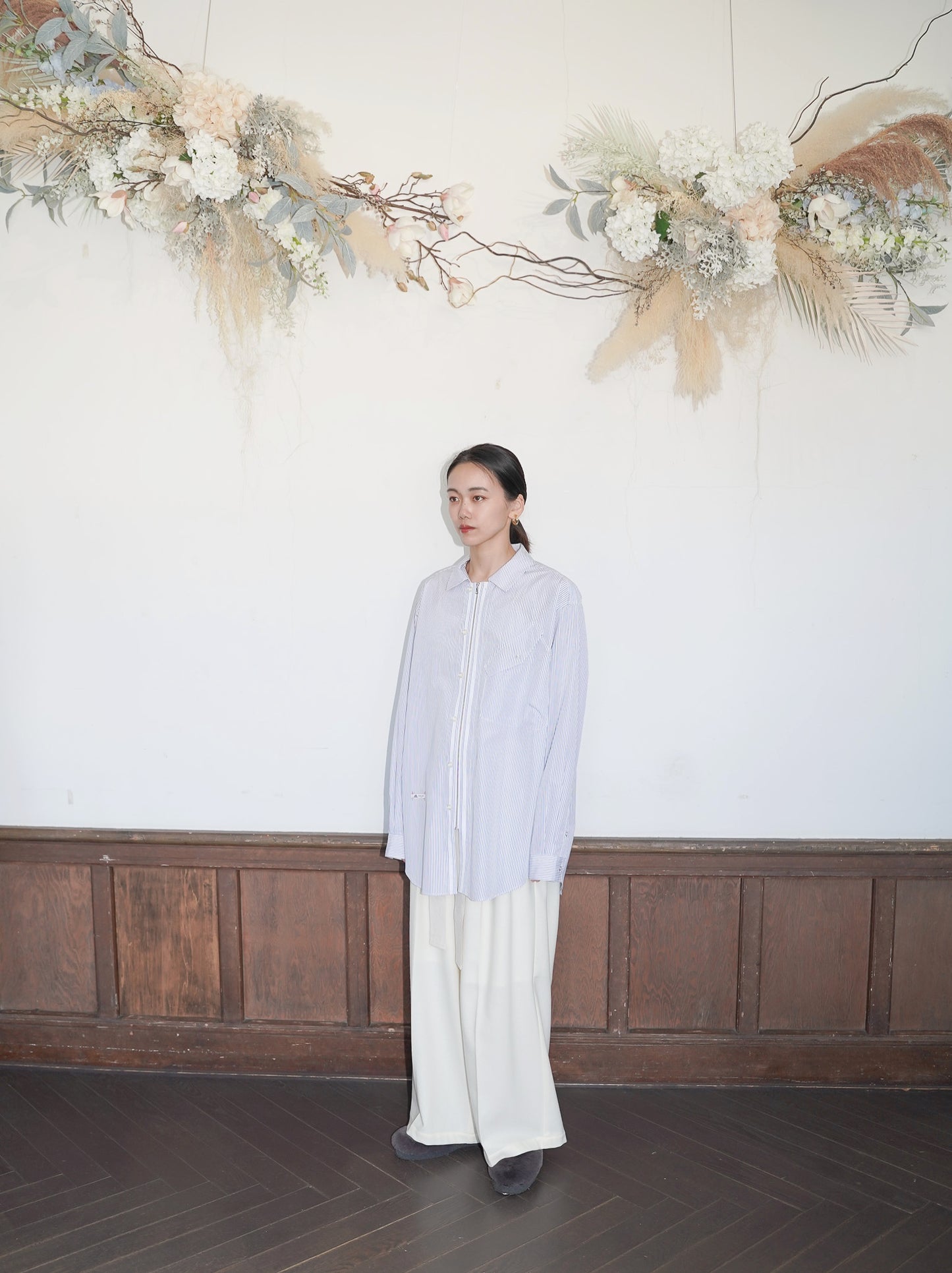 meagratia×THOMAS MASON Stripe zip-up 2way shirt