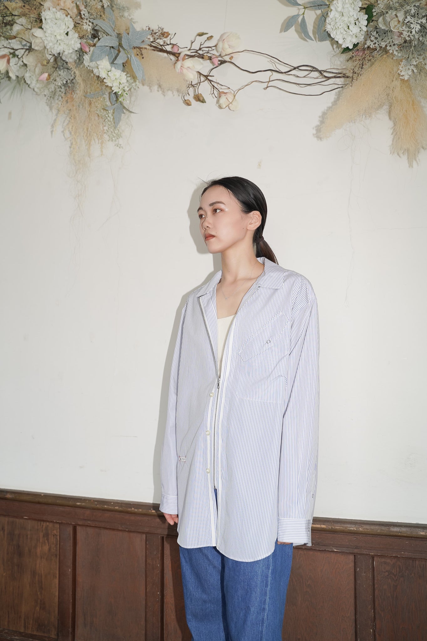 meagratia×THOMAS MASON Stripe zip-up 2way shirt