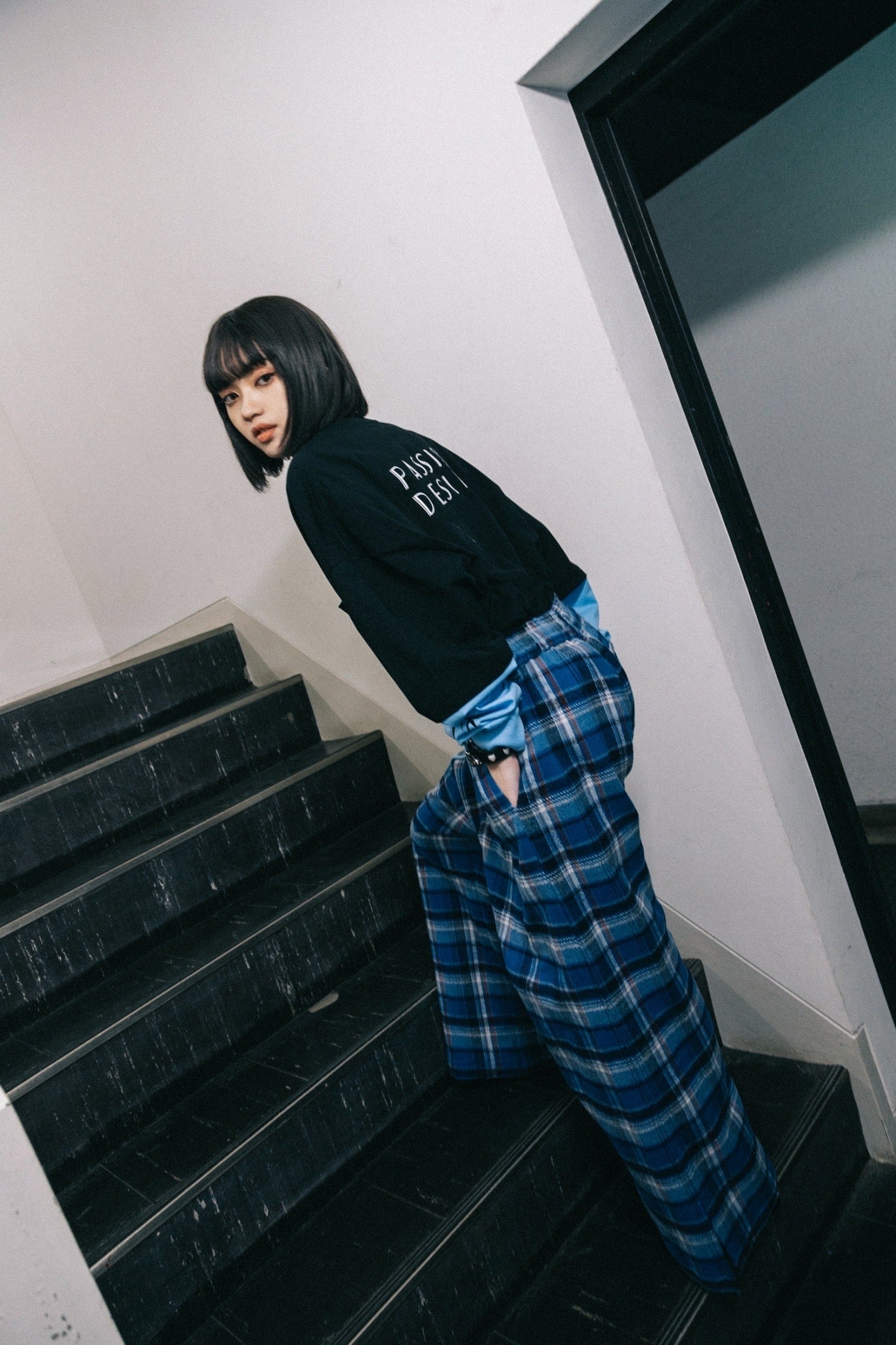 el conductorH COTTON CHECK FLANNEL WIDE TROUSERS