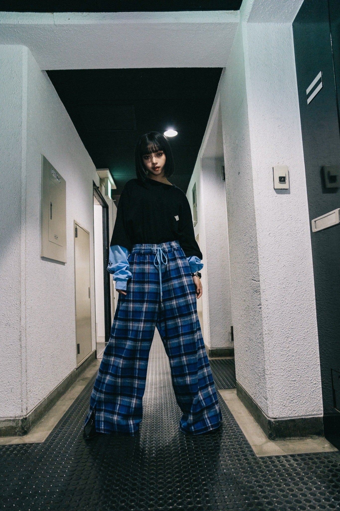 el conductorH COTTON CHECK FLANNEL WIDE TROUSERS