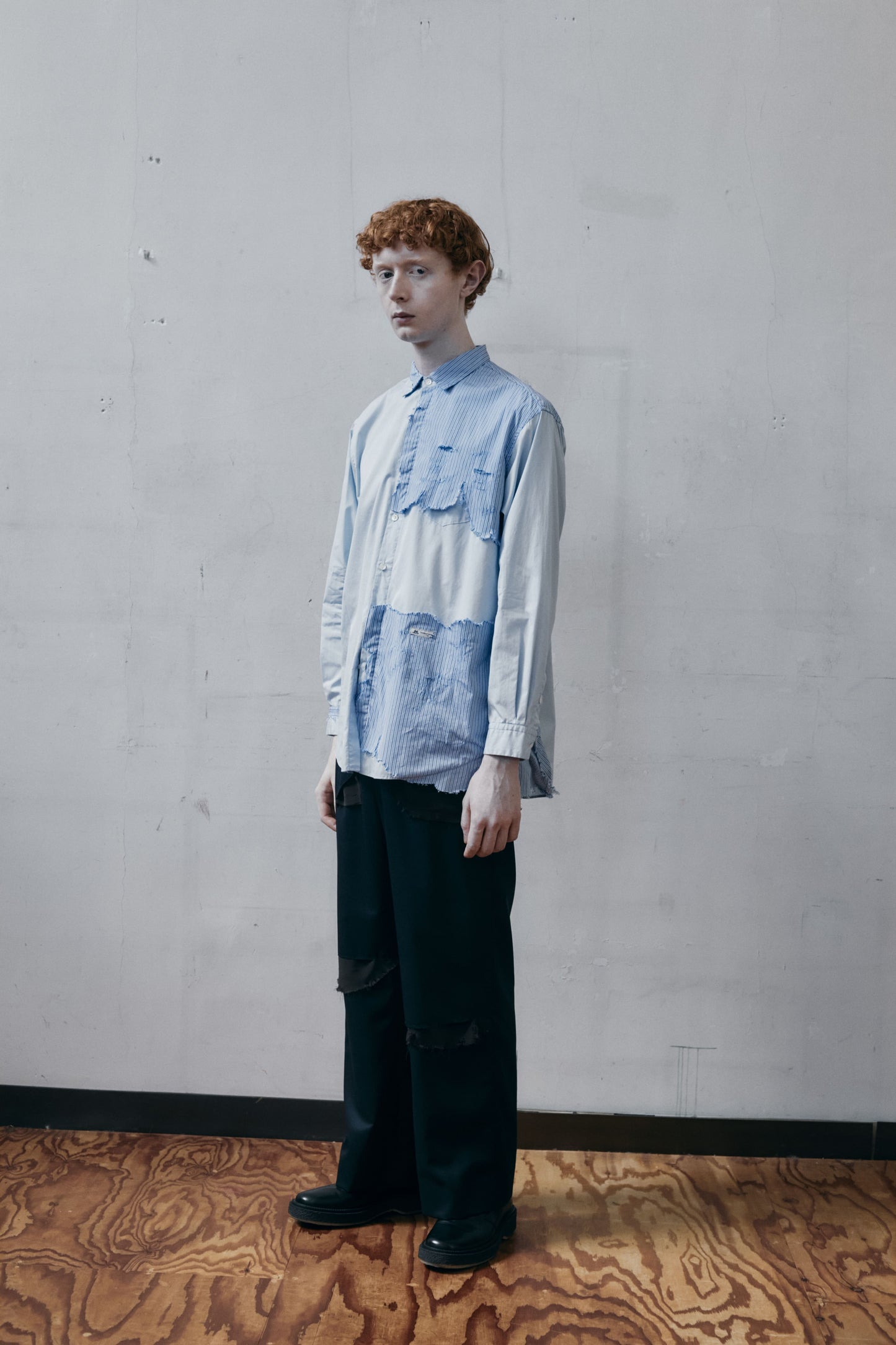 [残り1点]  meagratia×THOMAS MASON Striped frayed shirt