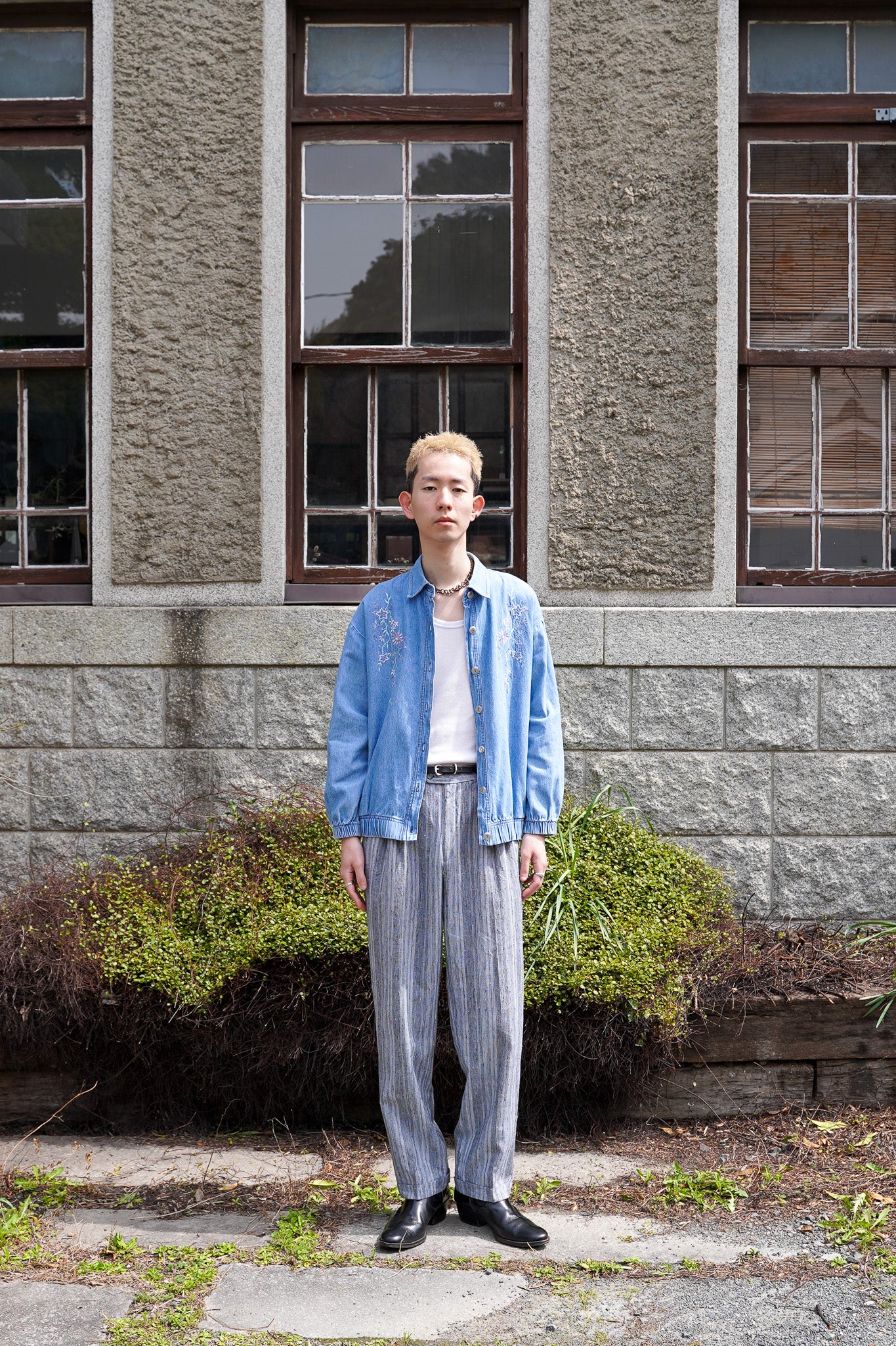 80s Vintage Flower Embroidery Denim Shirts Blouson