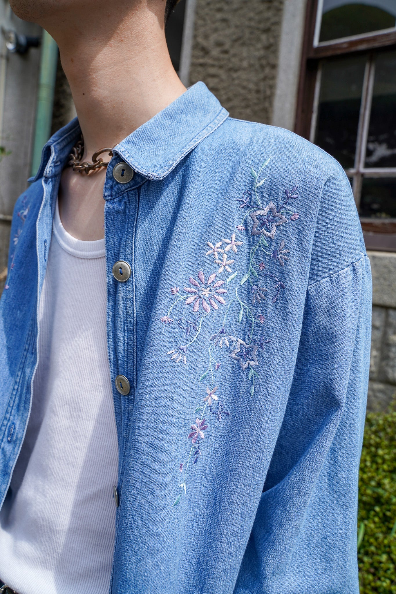 80s Vintage Flower Embroidery Denim Shirts Blouson