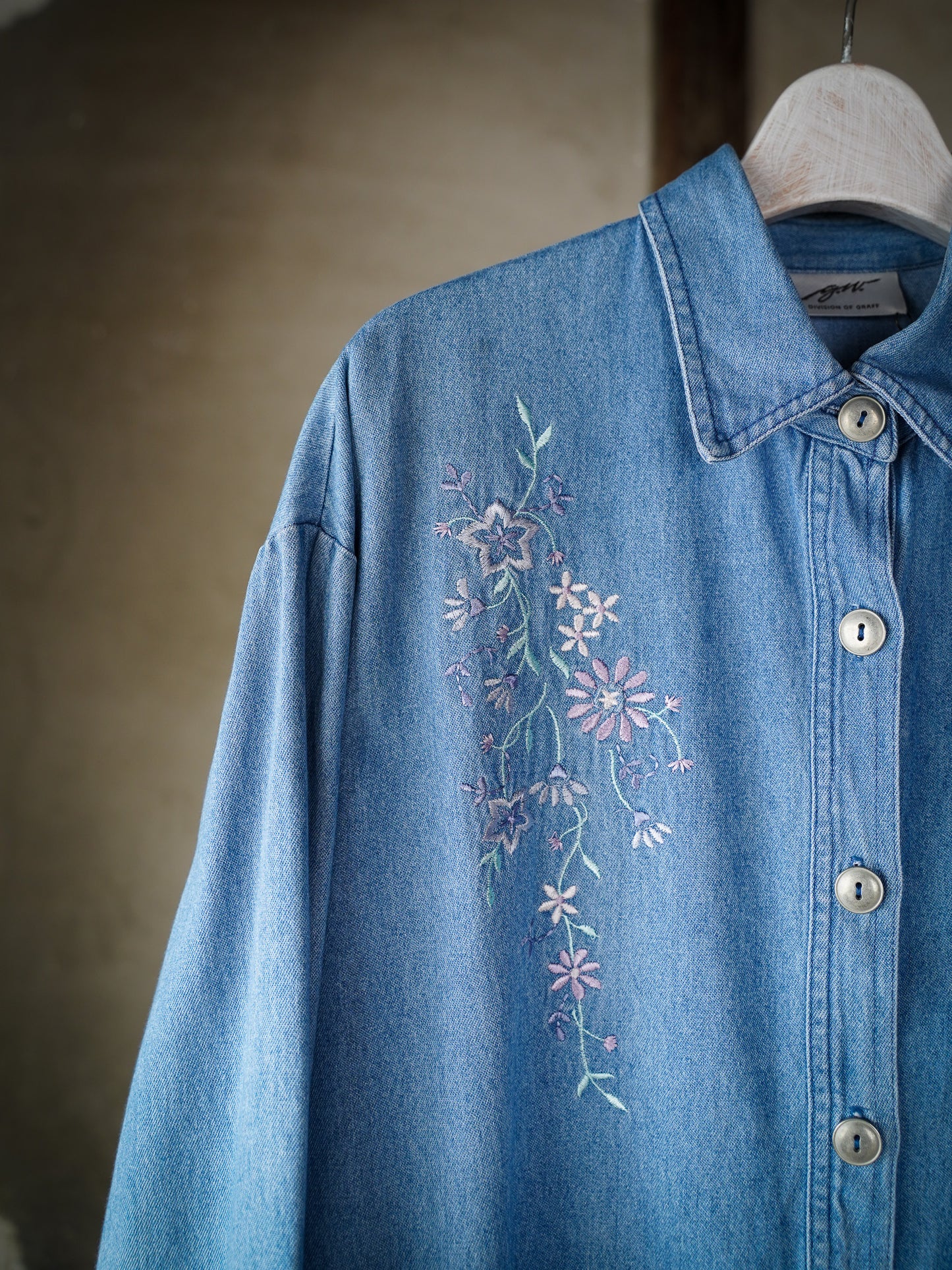 80s Vintage Flower Embroidery Denim Shirts Blouson