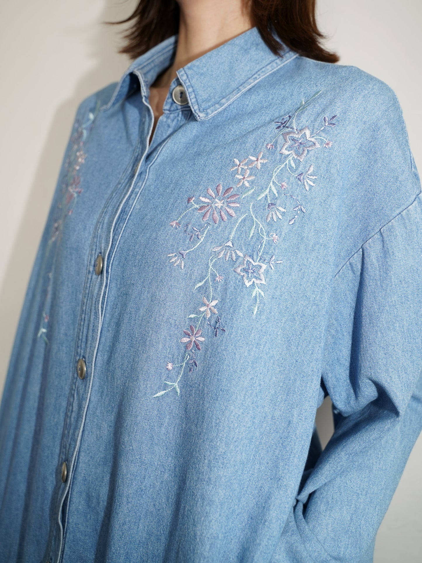 80s Vintage Flower Embroidery Denim Shirts Blouson