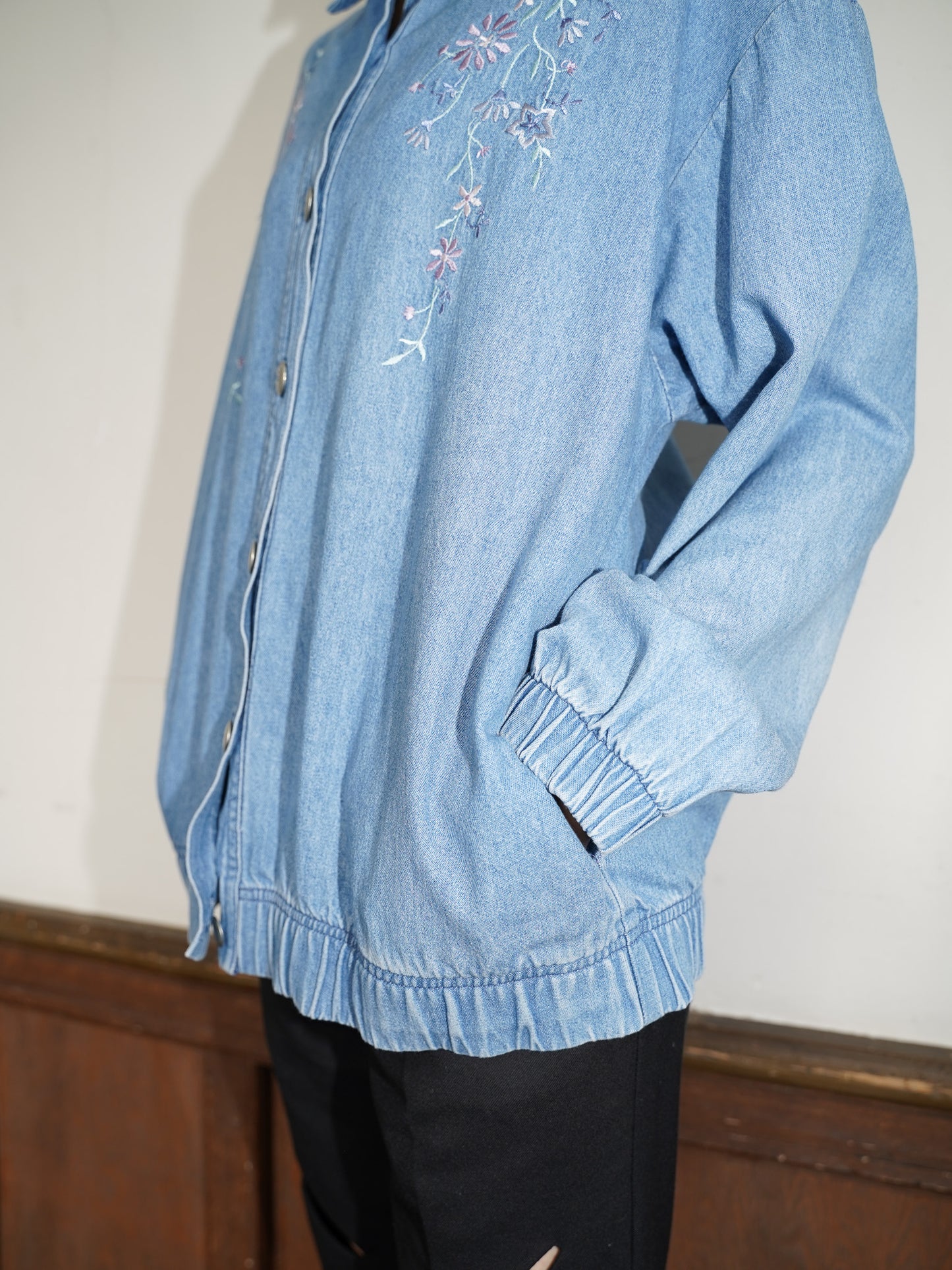 80s Vintage Flower Embroidery Denim Shirts Blouson