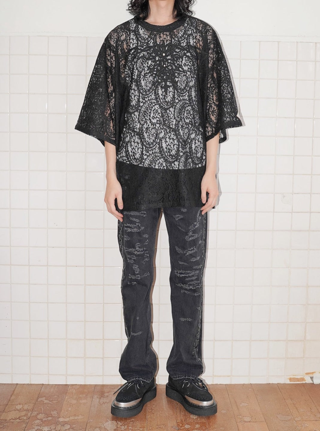 [残り1点] el conductorH CORD EMBROIDERED PAISLEY LACE S/S T-SHIRT